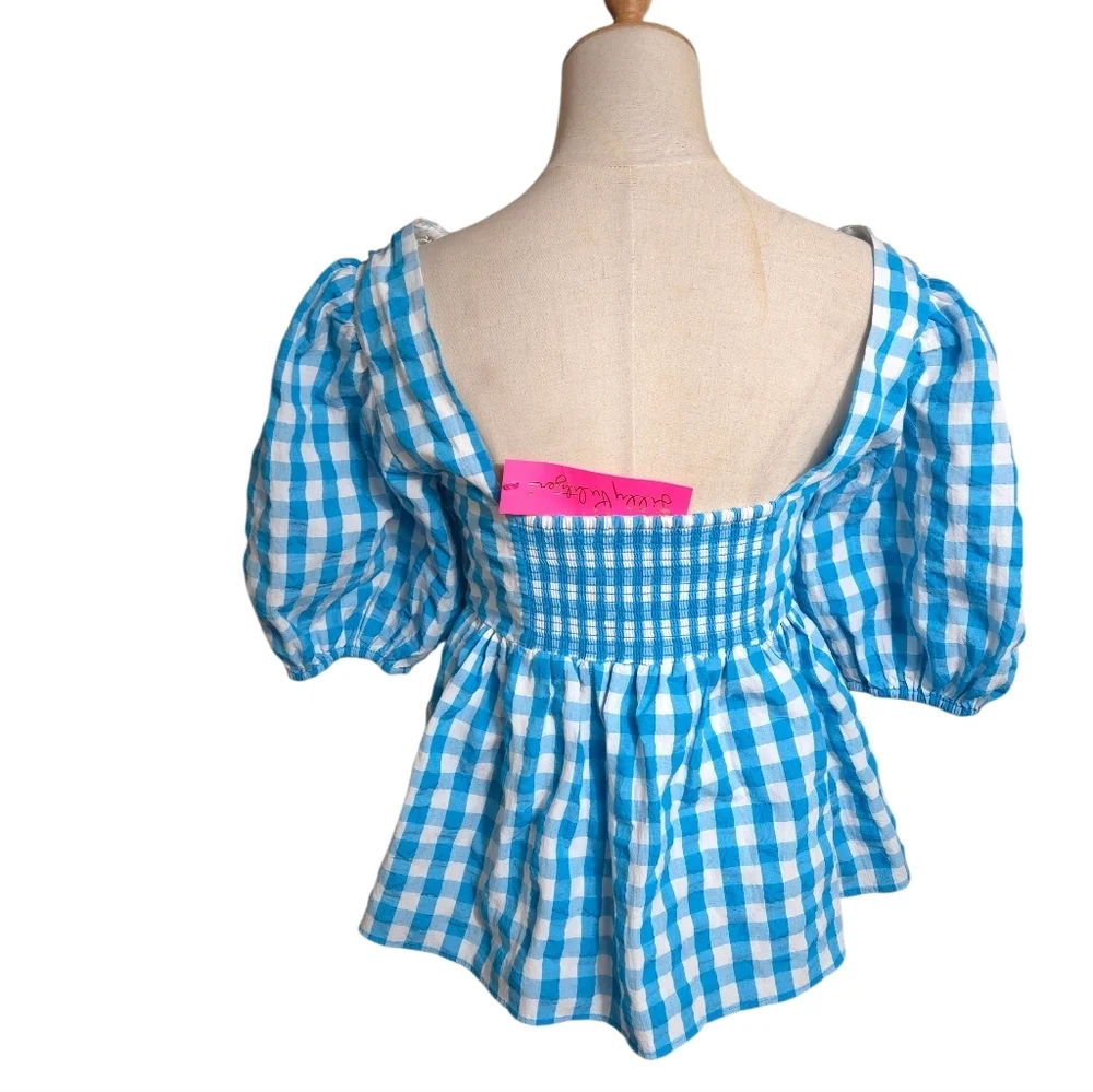 Lilly Pulitzer Blue And White Cottage PREPPY Gingham Peplum Bow Top NWT